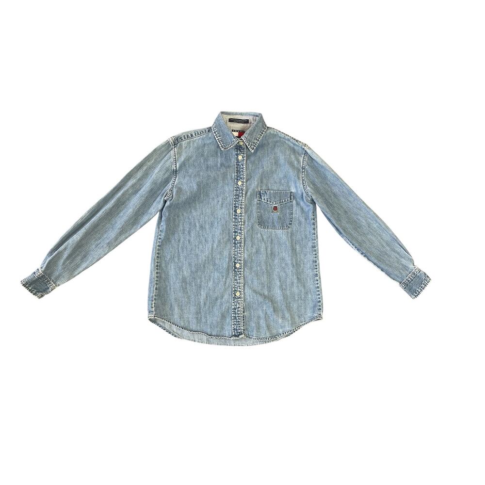 Tommy Hilfiger 90s Vintage Light Wash Button Up Denim Shirt SZ Small Y2K Classic